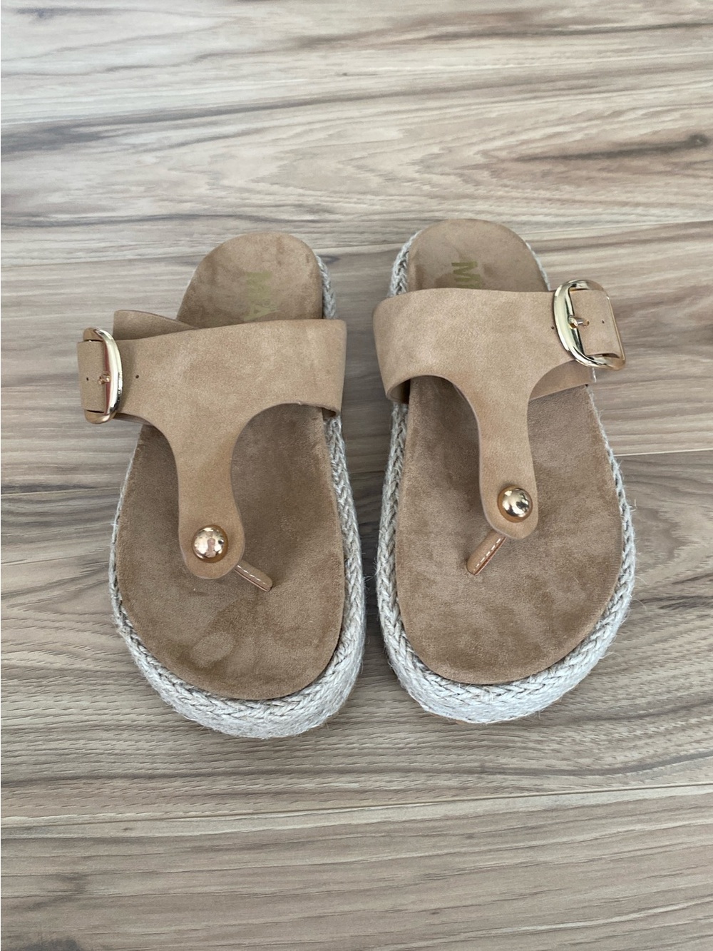 Soda Tan Braided Platform Thong Sandals with Gold Buckles